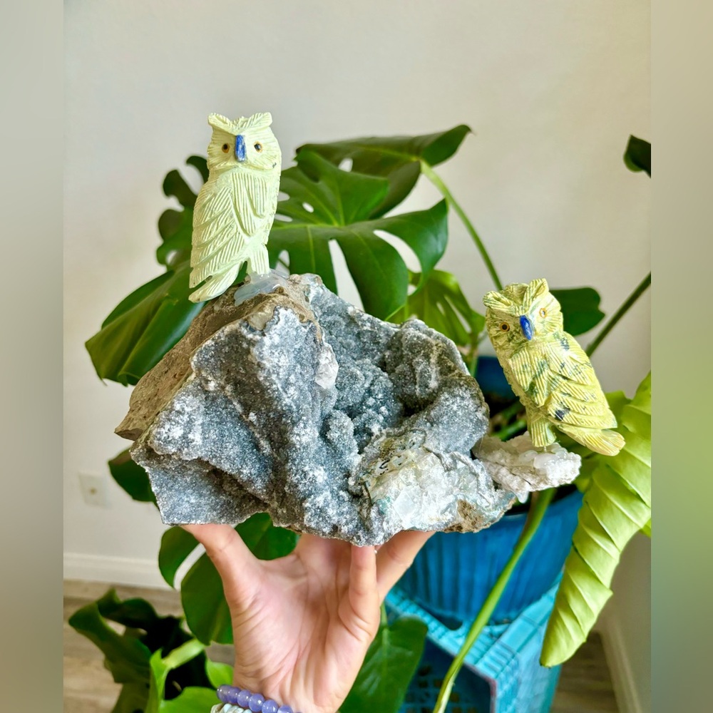 Serpentine Owl Carvings on Amethyst